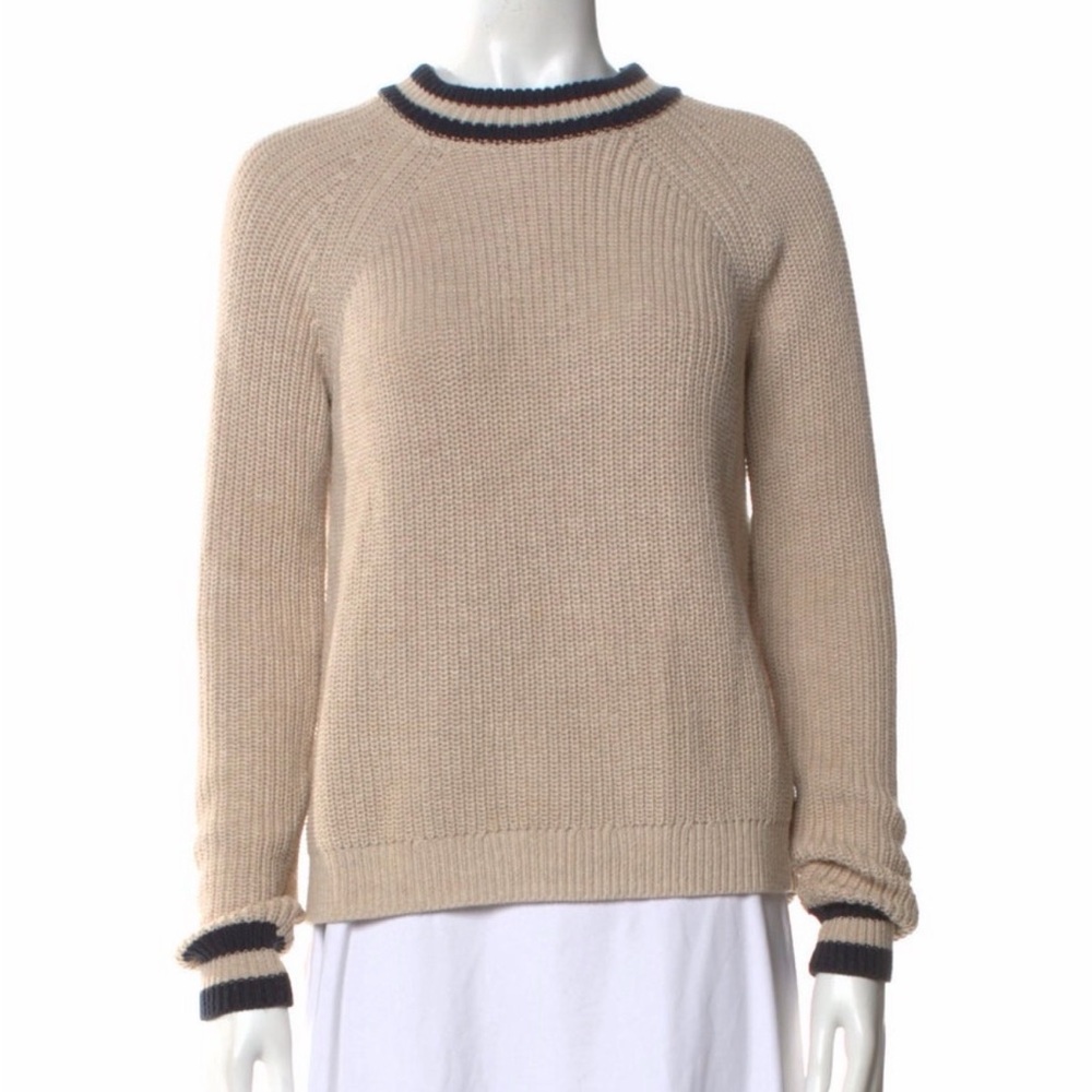 Cream Knit Sweater with Navy Stripe Trim - Women